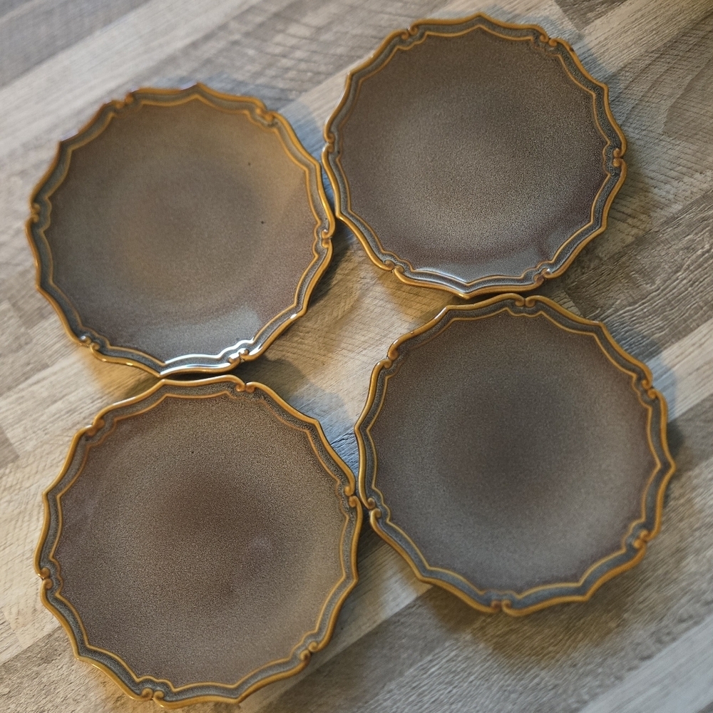Bombay Company Scalloped Earth Tone Gold Trim Plates Large Serving Platter Set - Picture 7 of 10